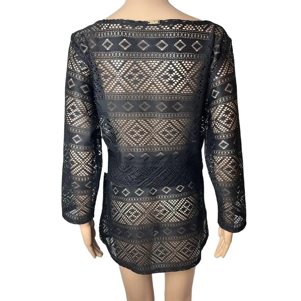 New Anne Cole Black Lace Long Sleeve Crochet Cinch Waist Swimsuit Coverup